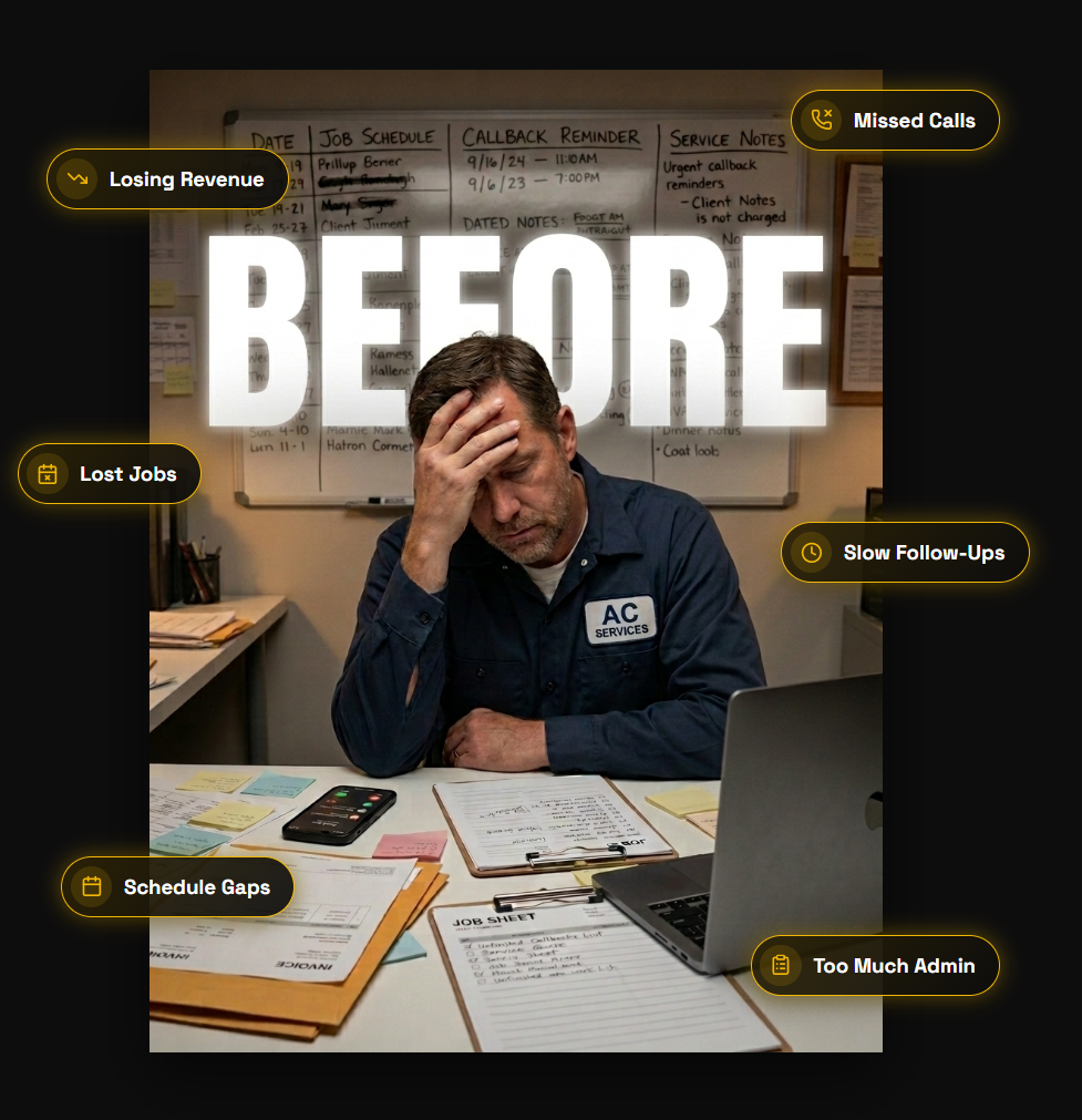 Before BOOST: an overwhelmed pipeline with missed calls, lost jobs, schedule gaps, and manual admin floating around the work